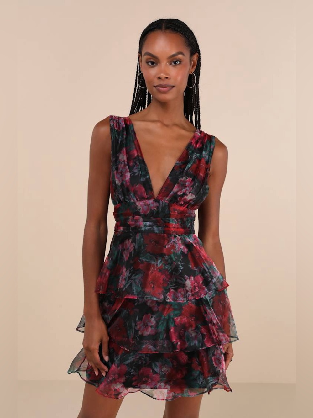 Lulu's Poised Inspiration Black Multi Floral Organza Tiered Mini Dress